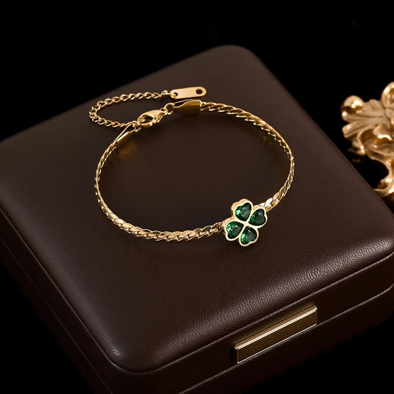 316L Stainless Steel Green Crystal Clover Bracelet for Women