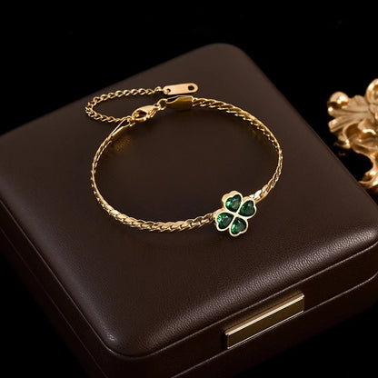 316L Stainless Steel Green Crystal Clover Bracelet for Women