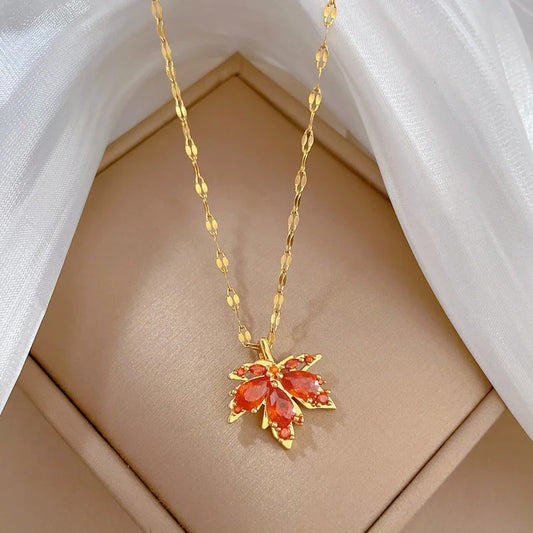 316L Stainless Steel Red Maple Leaf Crystal Pendant Necklace For Women Girl New Trend Clavicle Chain Jewelry Gift Party