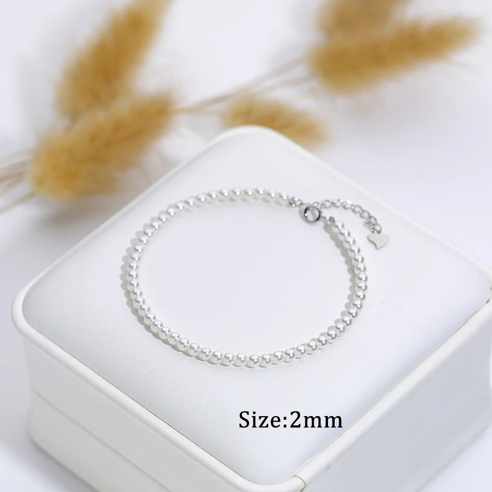 925 Sterling Silver White Pearl Bracelet 6mm Beads for Women