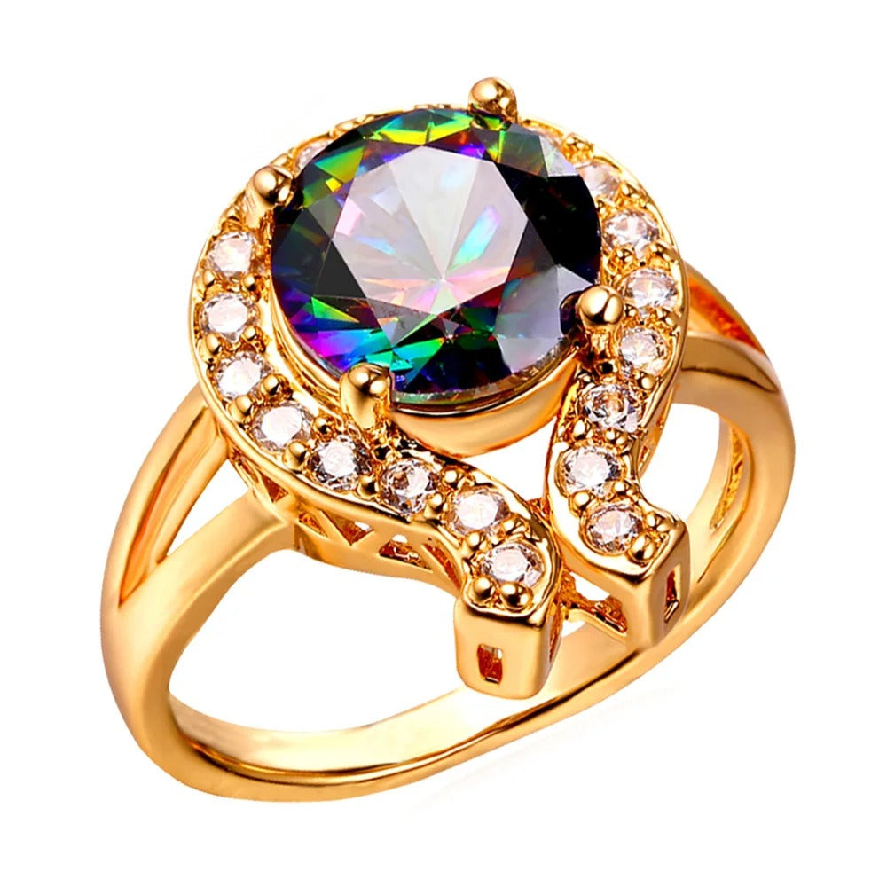 U7 White CZ Round Rainbow Topaz Gemstone Rings for Woman Size 6-10 Vintage Luxury Style Signet Ring Jewelry Gift for Her