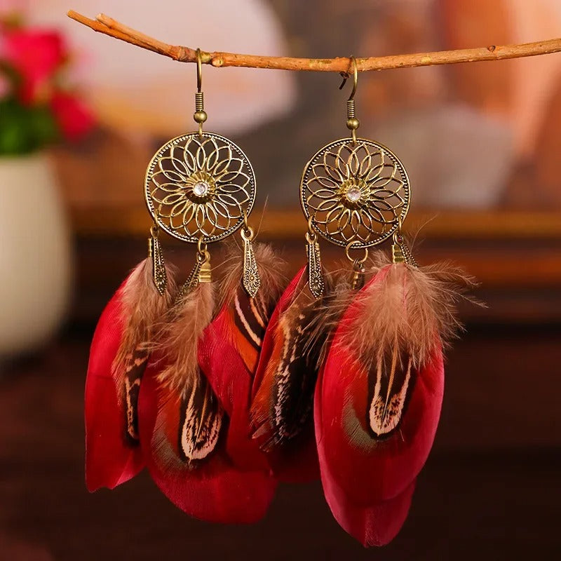 Bohemian Vintage Long Earrings Carved Leaf & Feather Tassel