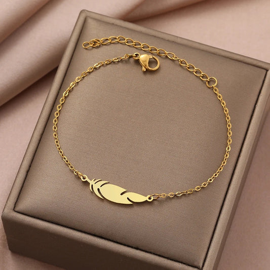 Classic Stainless Steel Feather Design Chain Bracelet Women Jewelry