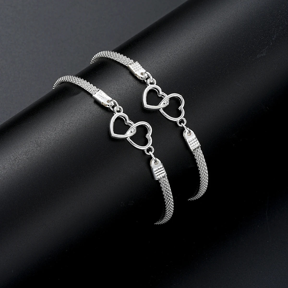 2PC Love Heart Couple Bracelets Silver Matching Jewelry Gift