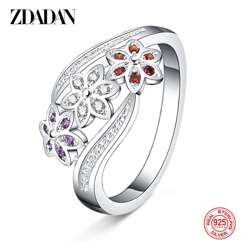 ZDADAN 925 Silver Adjustable CZ Flower Ring for Women