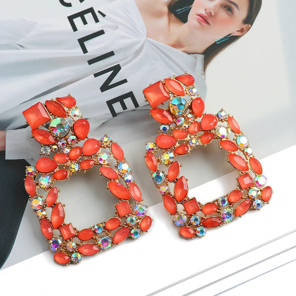 Metal Hollow Inlay Colorful Crystal Statement Earrings Boho Luxury Design Square Vintage Pendant Jewelry Accessories For Women