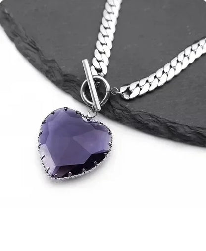 Red Heart Necklace Choker for Women Stainless Steel Silver Color Glass Pendant Clavicle Chain Necklaces Jewelry Girlfriend Gift