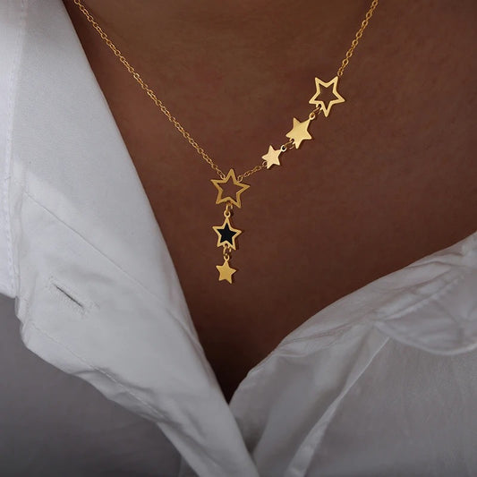 Trendy Star Tennis Necklace for Women Gold Plated Stainless Steel Chain with Black Acrylic Charm ✨