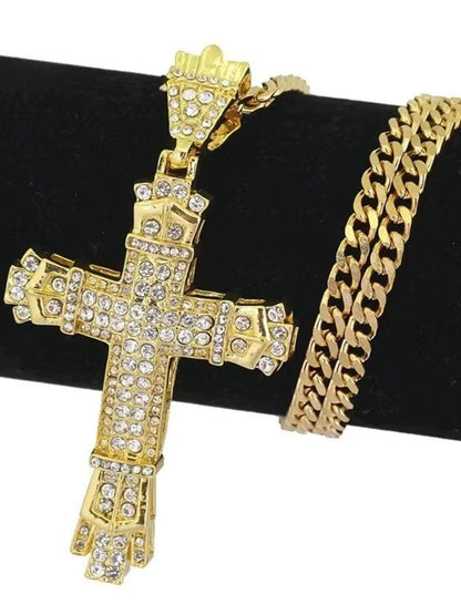1 Simple Style MEN'S Rhinestone Christian Cross Rhinestone Pendant Necklace Personality Fashion Street Domineering Chain Jewelry