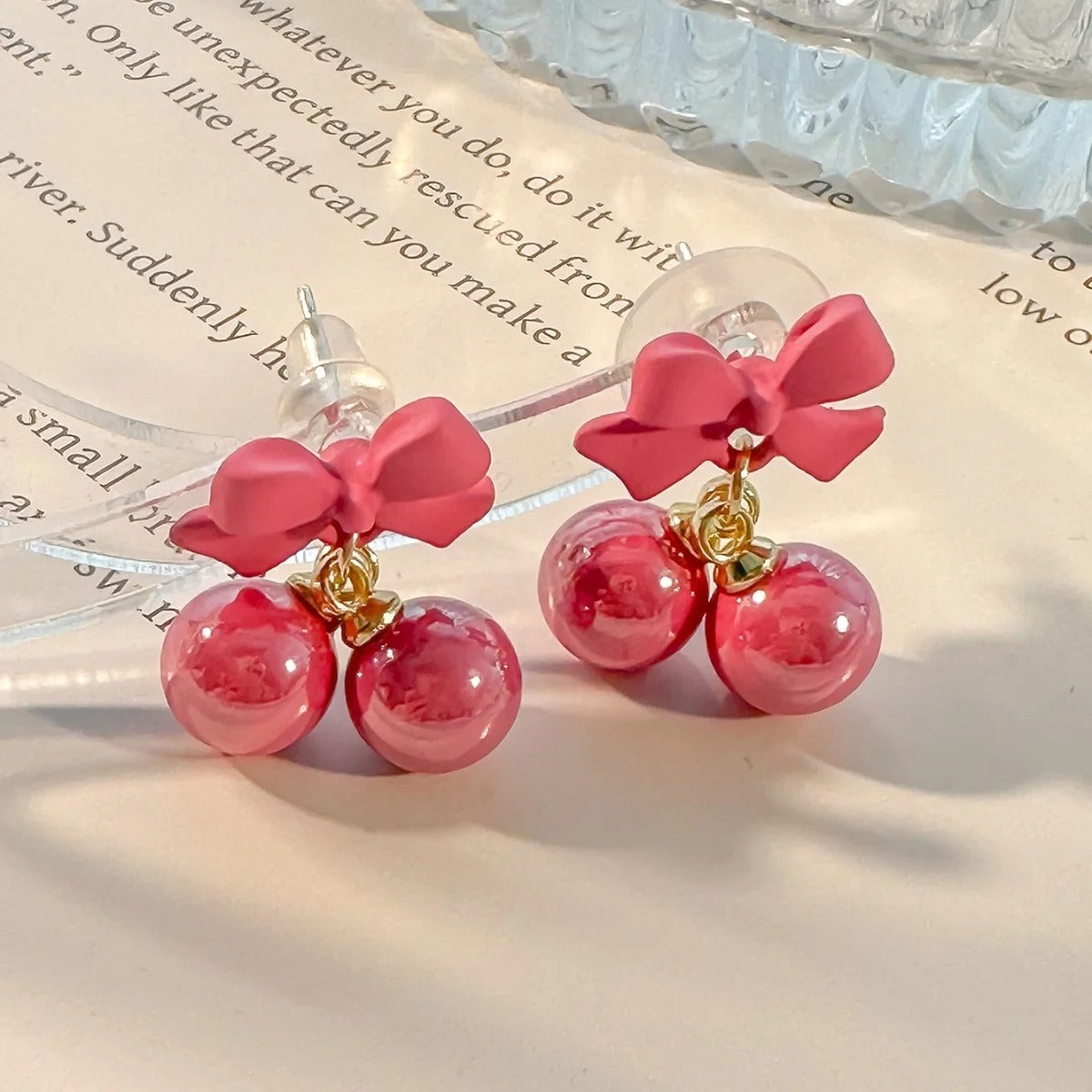 Super Sweet Pink Bow Earrings with Heart Candy Beads for Women