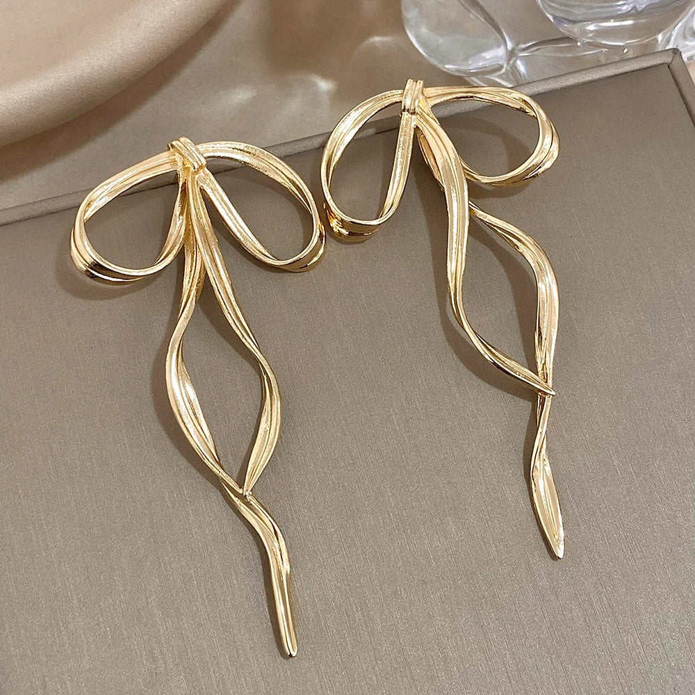 2025 Korean Design Fashion Simple Silver Color Metal Line Bow Earrings Elegant Big Long Bowknot Drop Earrings Female
