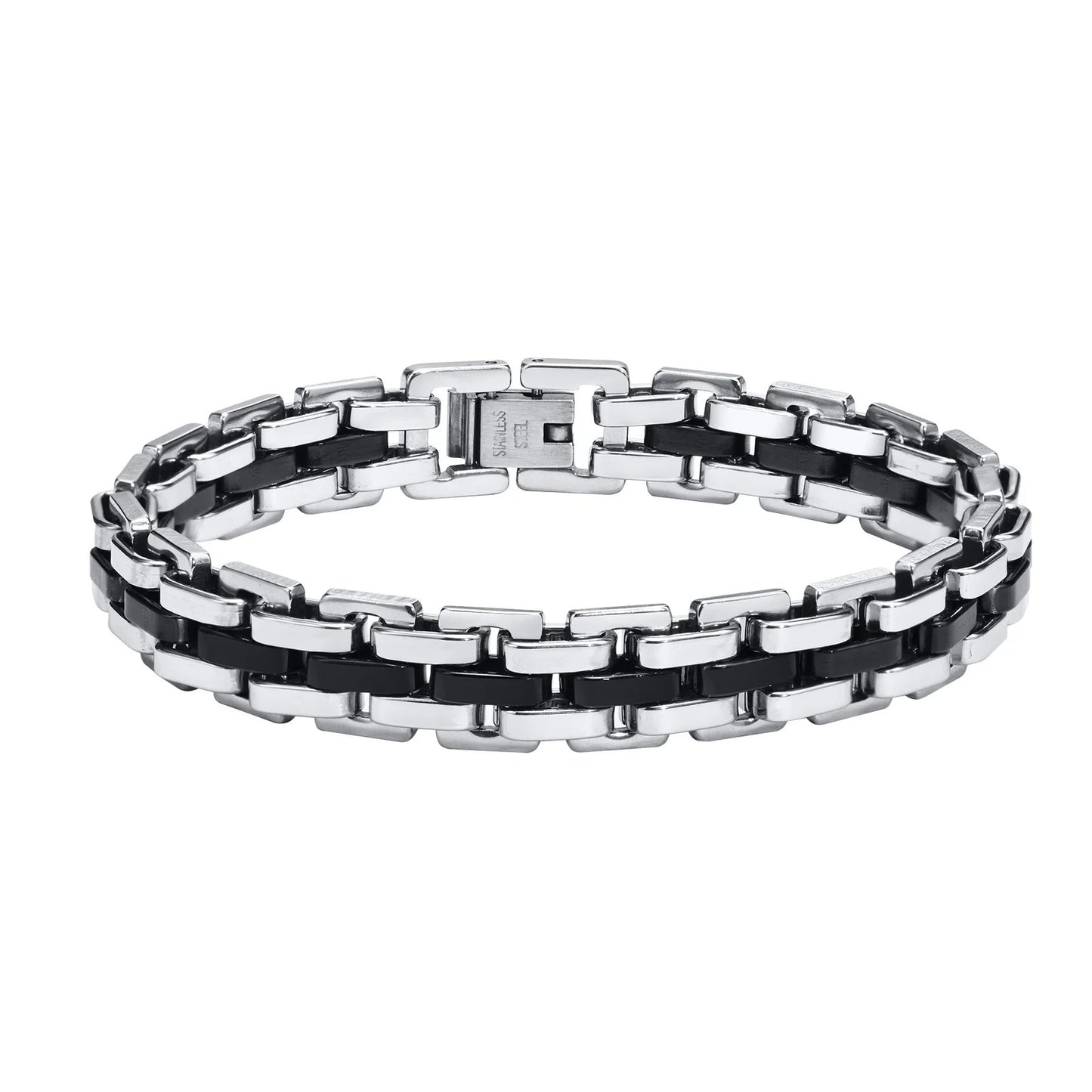 Men’s Black & Silver Watchband-Style Chain Bracelet Teens & Boys