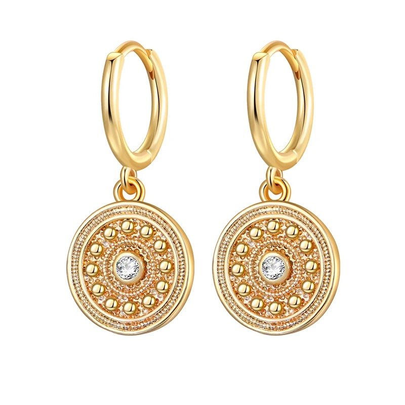 Round Coin Cubic Zirconia Dangle Earrings Silver Gold Women