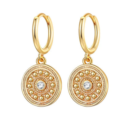Round Coin Cubic Zirconia Dangle Earrings Silver Gold Women