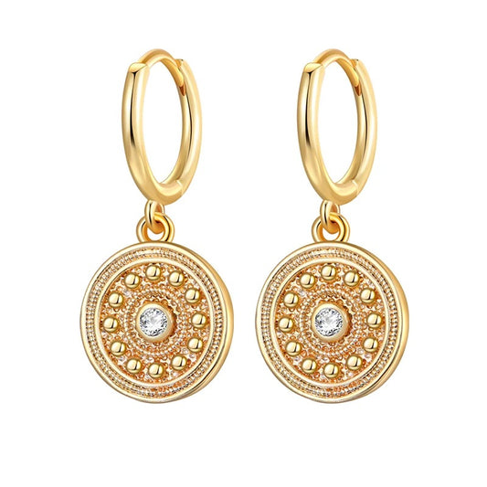 Round Coin Cubic Zirconia Dangle Earrings Silver Gold Women