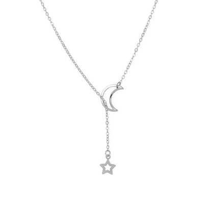 Simple Moon and Star Necklace Gold Alloy Charm Chain Jewelry for Women