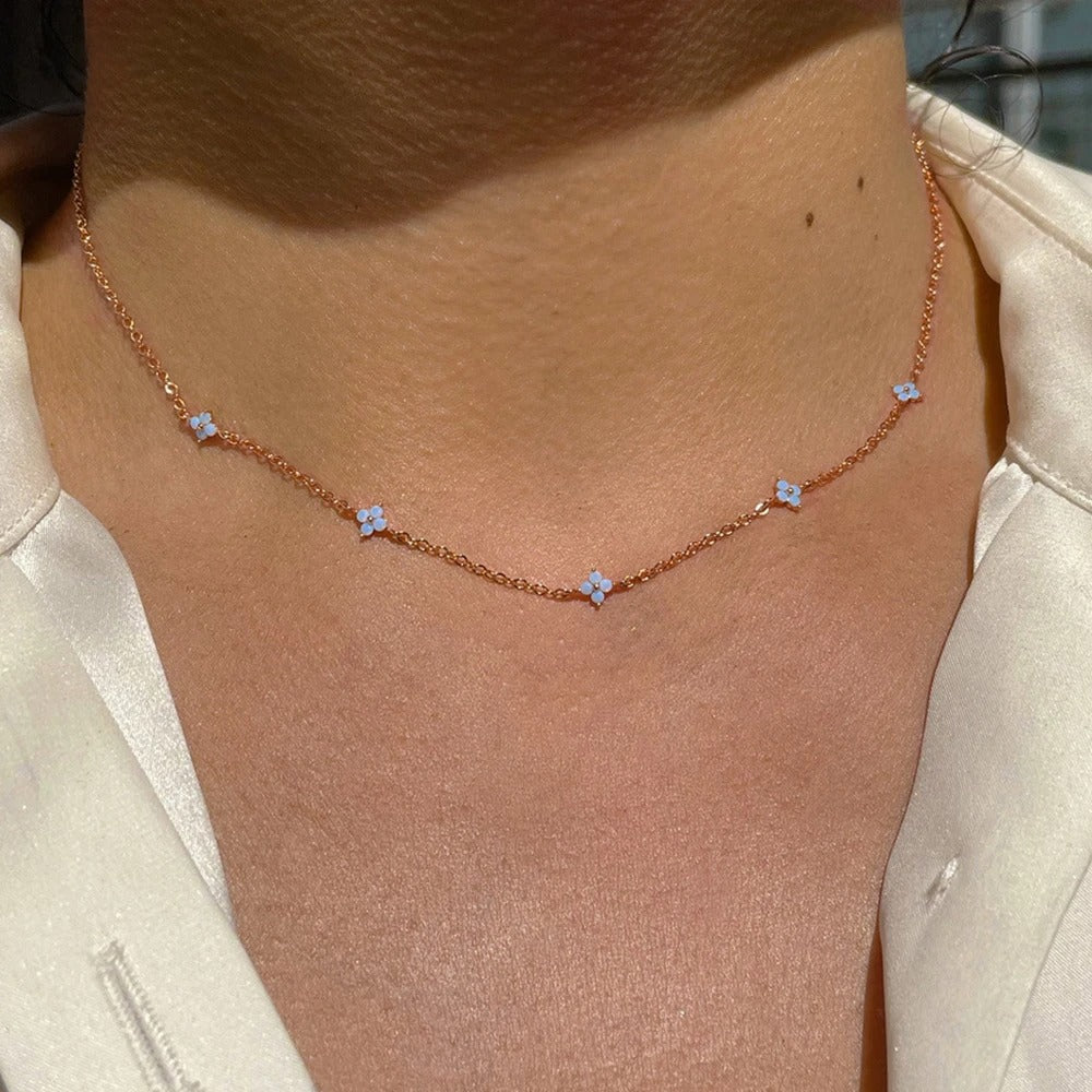 Kpop Ins Style Crystal Clover Choker Necklace Blue Flower Jewelry