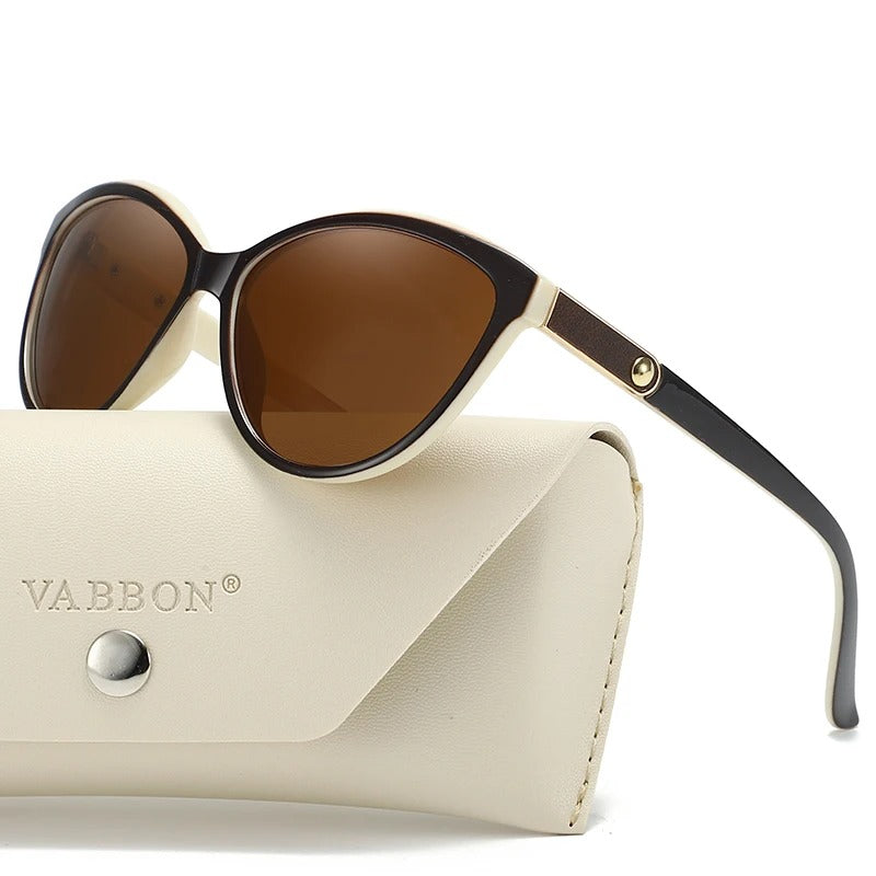 VABBON Retro Round Leather Inlaid Polarized Sunglasses for Women