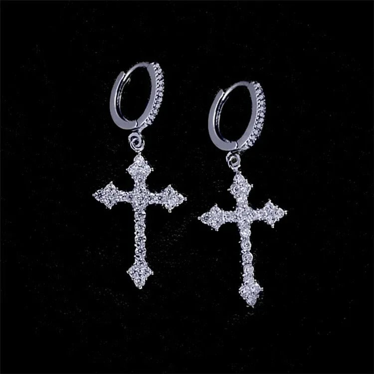 Zircon Crystal Cross Drop Earrings Women Men Gold Silver Jewelry