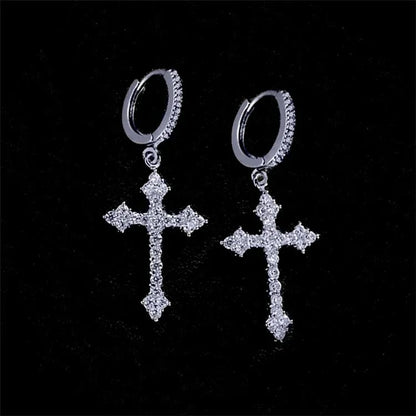 Zircon Crystal Cross Drop Earrings Women Men Gold Silver Jewelry