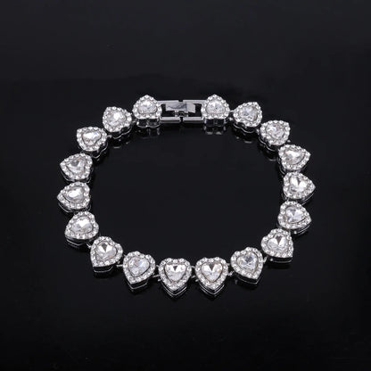 Hip Hop Tennis Chain Bracelet & Necklace Set with Heart Rhinestones