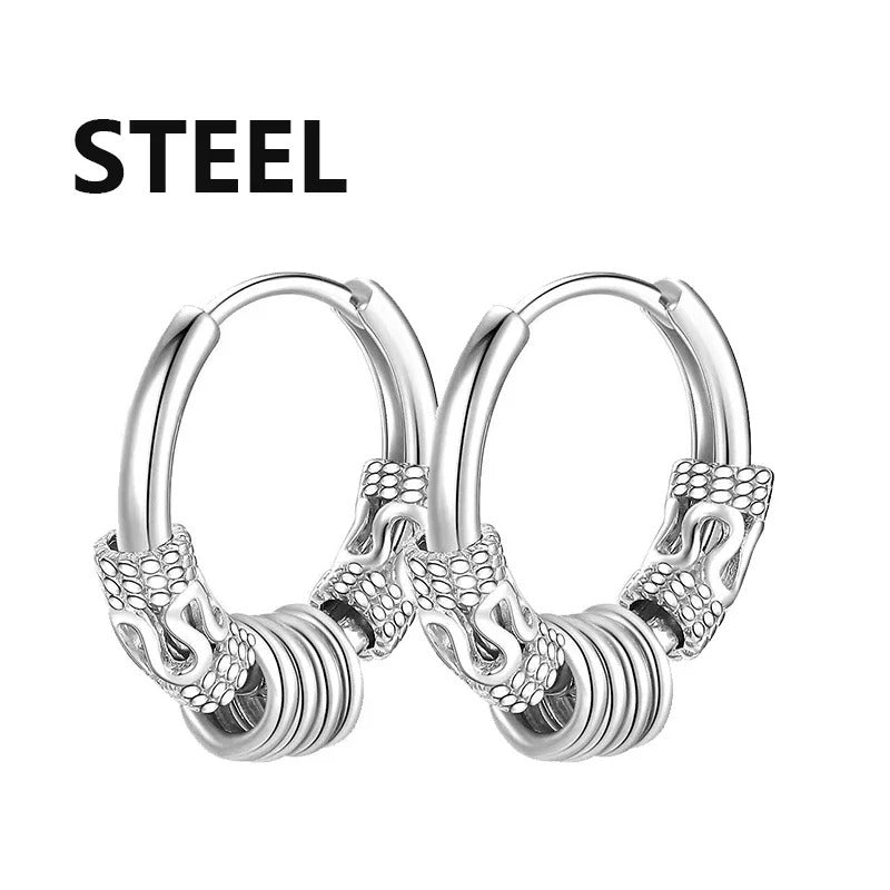 Round Circle Totem Hoop Earrings Stainless Steel Men Women Jewelry