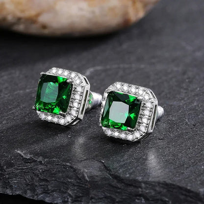 Women’s Emerald Green Square Earrings Double Stud 925 Silver Jewelry
