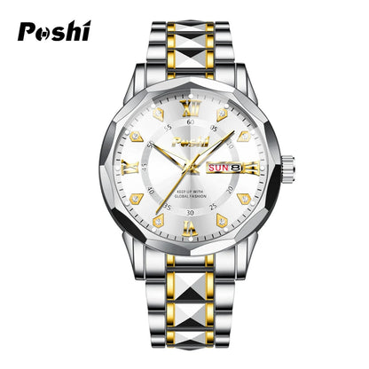 Men’s Date & Week Quartz Watch POSHI Luminous Waterproof Watch