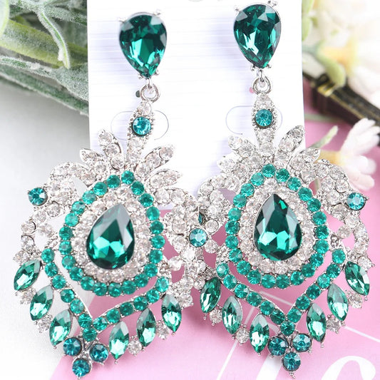 Vintage Statement Jewelry Wedding Long Green Emerald Crystal Rhinestone Chandelier Dangle Drop Earrings for Women