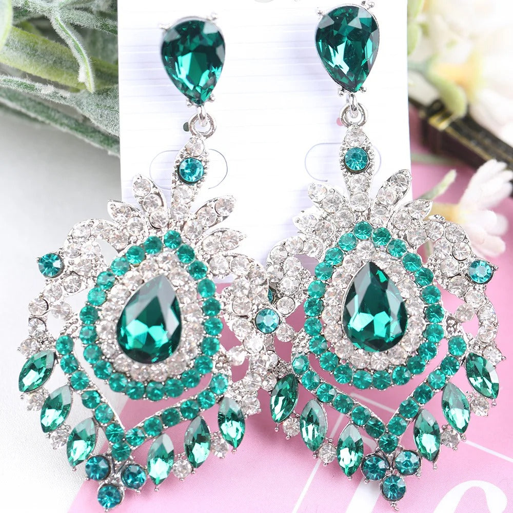 Vintage Statement Jewelry Wedding Long Green Emerald Crystal Rhinestone Chandelier Dangle Drop Earrings for Women