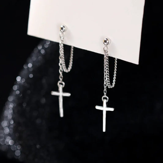 Silver Color Cross Drop Earrings for Women Men Gothic Hip Hop Long Tassel Hanging Earring Jewelry