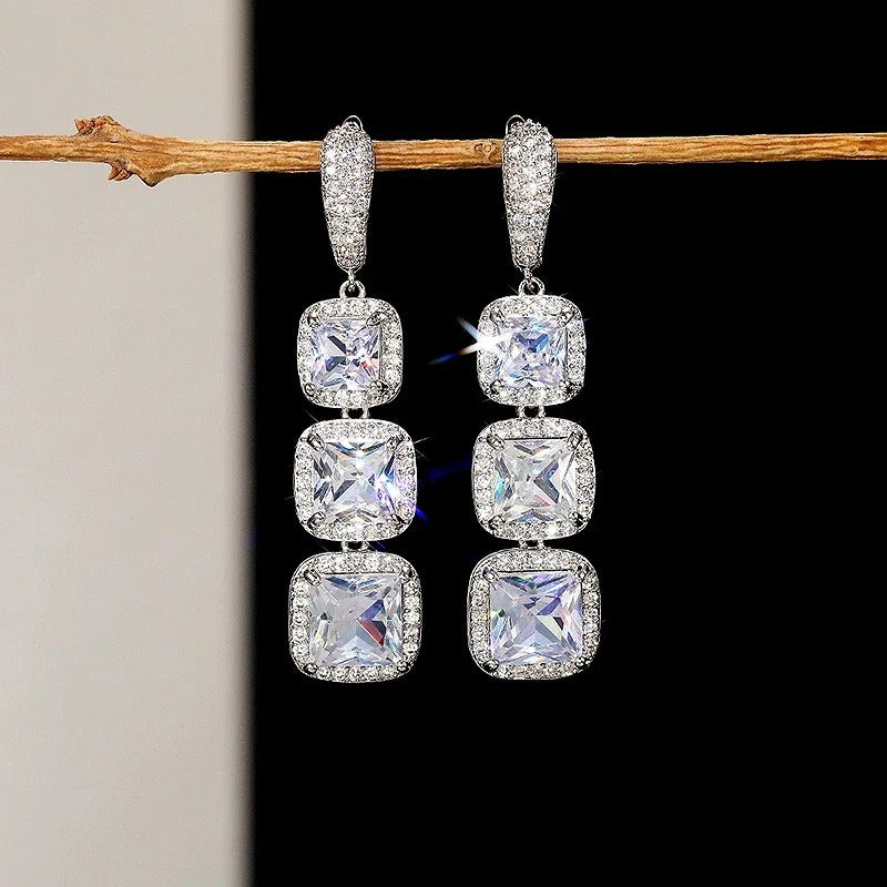 Drop Earrings with Shiny Princess Cubic Zirconia for Women Elegant Style for Wedding Party Anniversary Gift Accessories