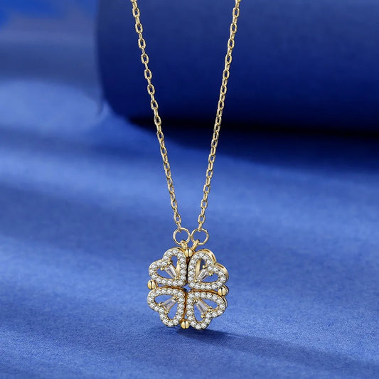 Luxury Four Leaf Clover Pendant Necklace Stainless Steel Crystal Gold Color Heart Jewelry for Women Gift