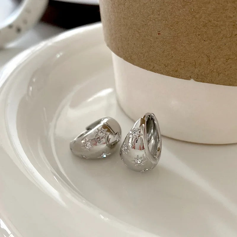Stainless Steel Smooth Star Zircon Hoop Earrings for Women Girls Metal Chunky Sun Rhinestone Ear Elegant Jewelry