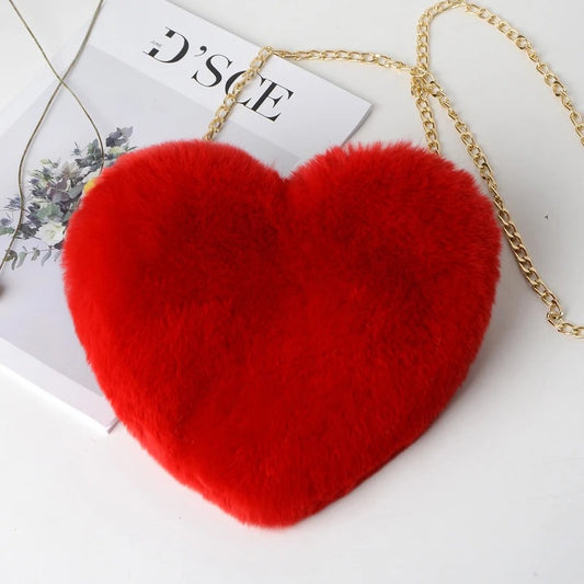 Soft Fluffy Heart Handbag Women’s Plush Shoulder Purse with Chain