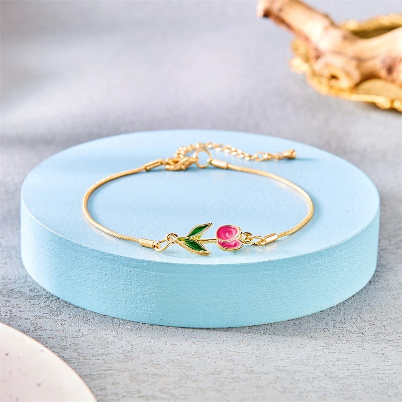 Tulip Rose Flower Bracelet for Women Colorful Gold Chain Jewelry