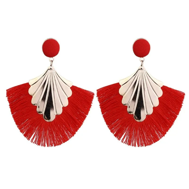 Exaggerated Fan Shaped Tassel Earrings Women Boho Fashion
