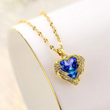 Luxury Colorful Crystal Ocean Heart Pendant Necklace For Women Fashion Stainless Steel Neck Chain Female Wedding Jewelry