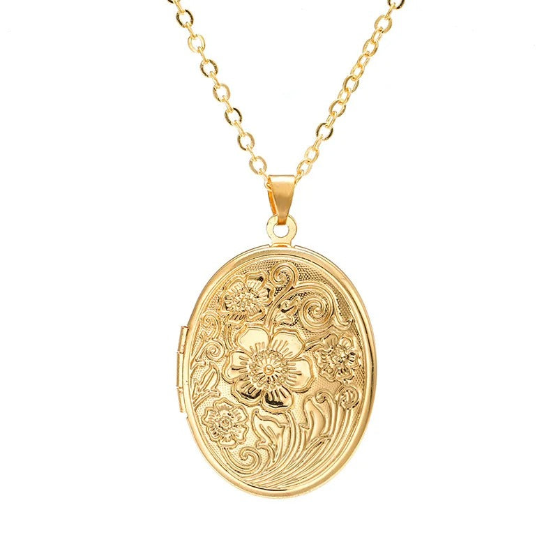 New Nordic Style Oval Carved Flower Stripe Locket Pendant Necklace Women Romantic Vintage 2 Colors Openable Photo Locket Jewelry