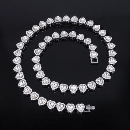 Hip Hop Tennis Chain Bracelet & Necklace Set with Heart Rhinestones