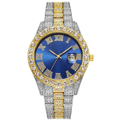 Luxury Men Watch Classic Golden Men Steel Strap Roman Rhinestone Calendar Quartz Watch Fashion Male Wristwatch Relogio Masculino