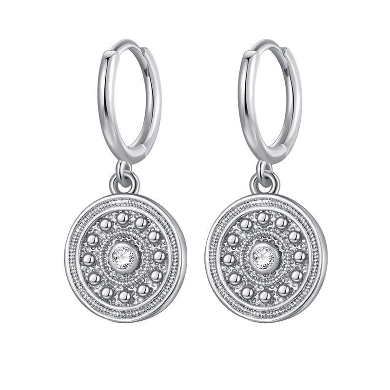 Round Coin Cubic Zirconia Dangle Earrings Silver Gold Women