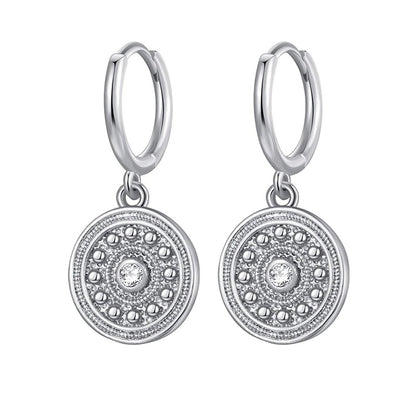 Round Coin Cubic Zirconia Dangle Earrings Silver Gold Women