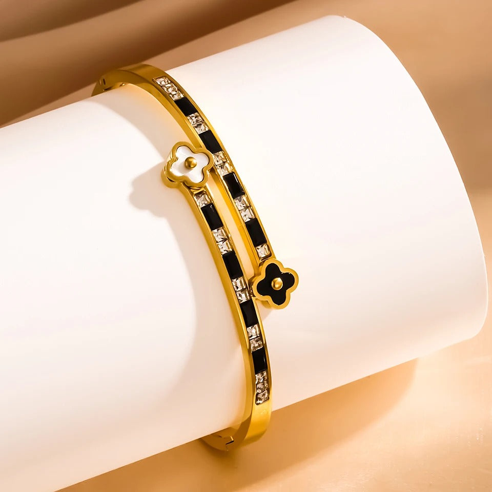 Lucky Four-Leaf Flower Open Bracelet Stainless Steel Zircon Jewelry