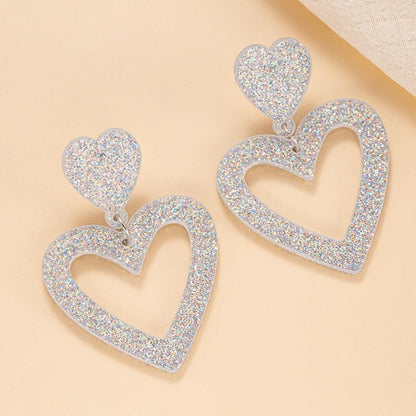 Golden Double Heart Drop Earrings Women Bling Acrylic Jewelry