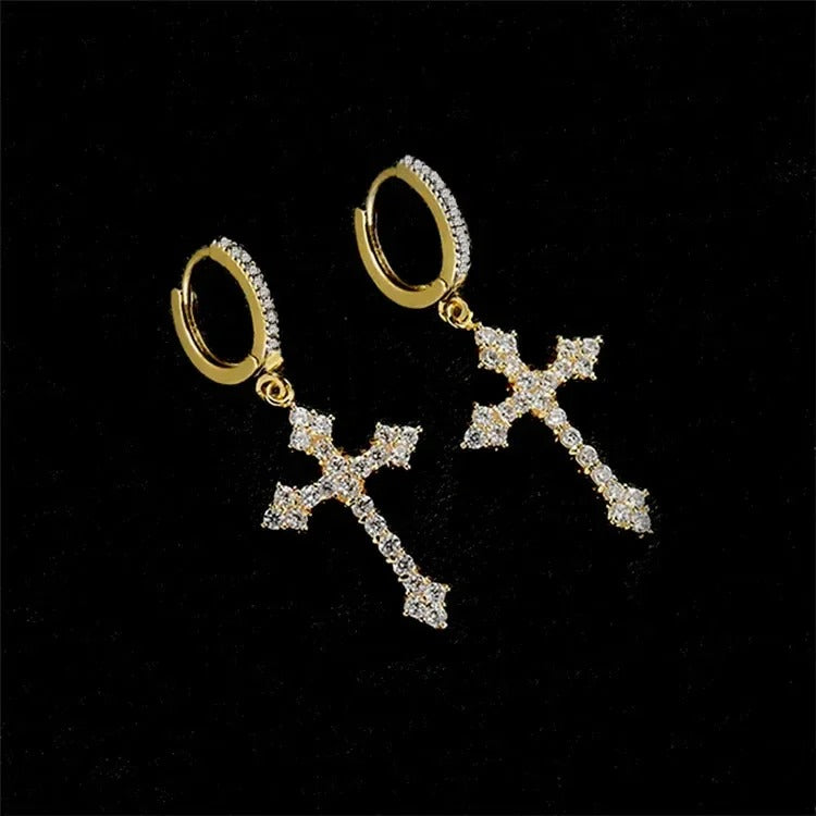 Zircon Crystal Cross Drop Earrings Women Men Gold Silver Jewelry
