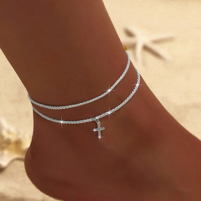 Layered Waterproof Anklet for Women Girls Adjustable Stackable Cross Pendant Sparkling Summer Beach Jewelry