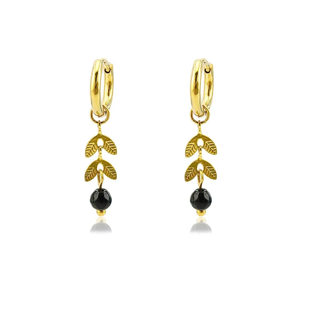 Summer Leaf Hoop Earrings Stainless Steel with Stone