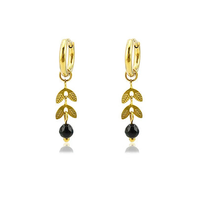 Summer Leaf Hoop Earrings Stainless Steel with Stone