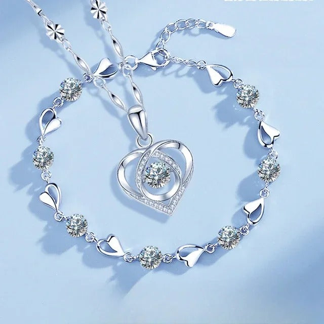 925 Sterling Silver Heart Shaped Necklace Bracelet Set for Women Vintage Crystal Bracelets High Quality Set Party Jewelry